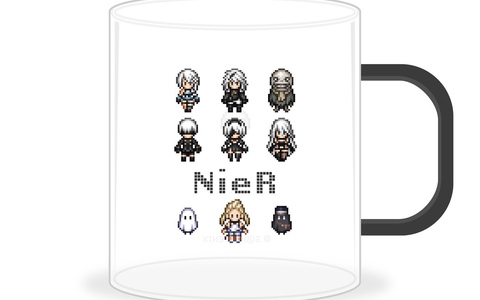 「NieR」シリーズキャラがドット絵に！ガラスマグカップやフレークシール、ラバーストラップが登場