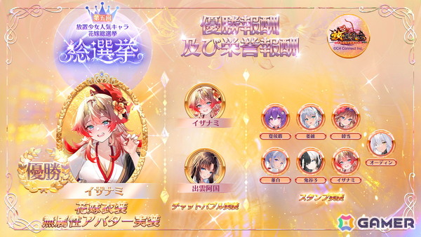 「第五回放置少女人気キャラ総選挙」の結果が発表！花嫁衣装無属性アバターを手に入れた優勝副将はイザナミの画像2
