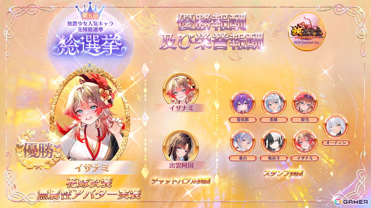 「第五回放置少女人気キャラ総選挙」の結果が発表！花嫁衣装無属性アバターを手に入れた優勝副将はイザナミの画像