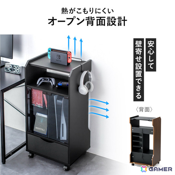 ゲーム機やソフト、コントローラーなどをまとめて収納できるガラス扉