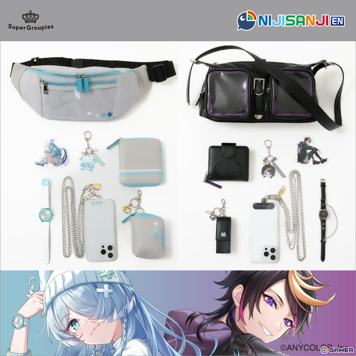 「NIJISANJI EN」闇ノシュウさん&エリーラペンドラさんのファッショングッズが登場!日常使いできるバッグ、腕時計、財布やスマホストラップ、フォンタブなどの画像