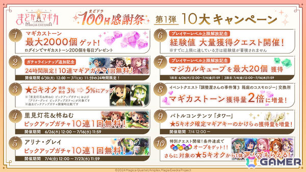 「魔法少女まどか☆マギカ Magia Exedra」最大30連ガチャ無料、選べる★5獲得イベントなど盛りだくさんの100日感謝祭 第1弾10大キャンペーンが開催！の画像2