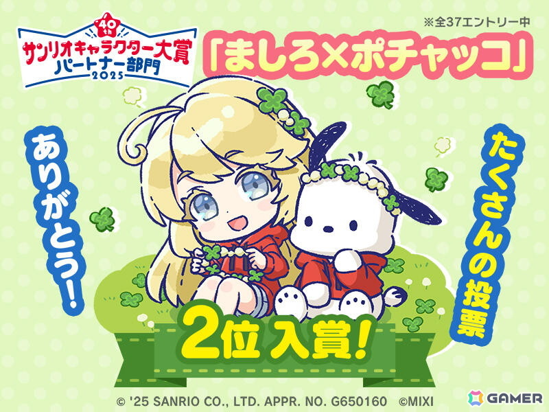 「2025年サンリオキャラクター大賞」パートナー部門にて「コトダマン」からエントリーした「ましろ×ポチャッコ」が2位に入賞!の画像