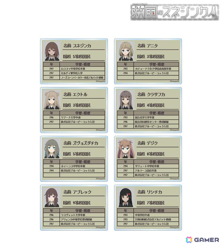 「救国のスネジンカ」のトレーディング プロフィール アクリルカードや缶バッジ、マルチデスクマットなどの受注がAMNIBUSで受付中！の画像