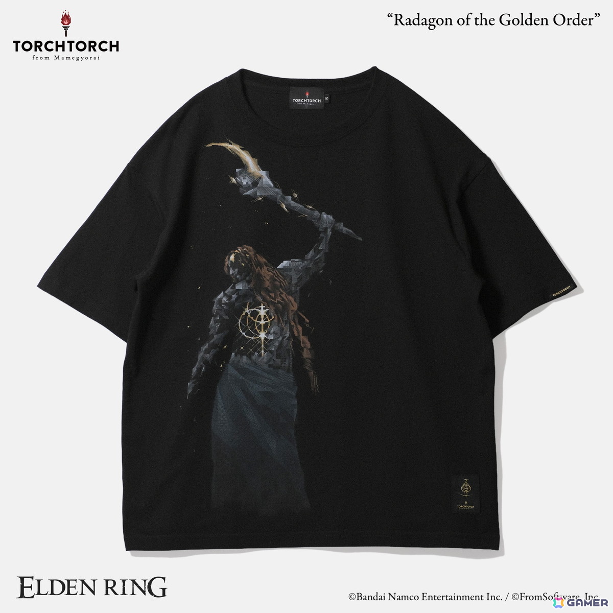 「ELDEN RING」とTORCH TORCHのコラボTシャツに「黄金律、ラダゴン」がラインナップ！槌を掲げ振り向こうとする印象的な後ろ姿をピクセルアート化の画像1