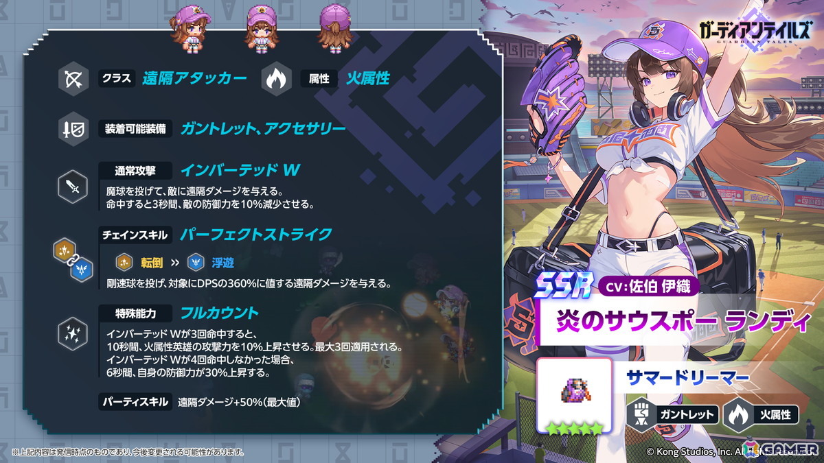 「ガーディアンテイルズ」★6進化で夏らしい衣装に変化する新英雄「炎のサウスポー ランディ(CV:佐伯伊織)」が登場!の画像