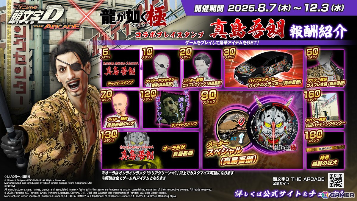 「頭文字D THE ARCADE」で「龍が如く 極」とのコラボイベントが7月31日より開催！桐生一馬や真島吾朗をモチーフにしたアイテムが登場の画像