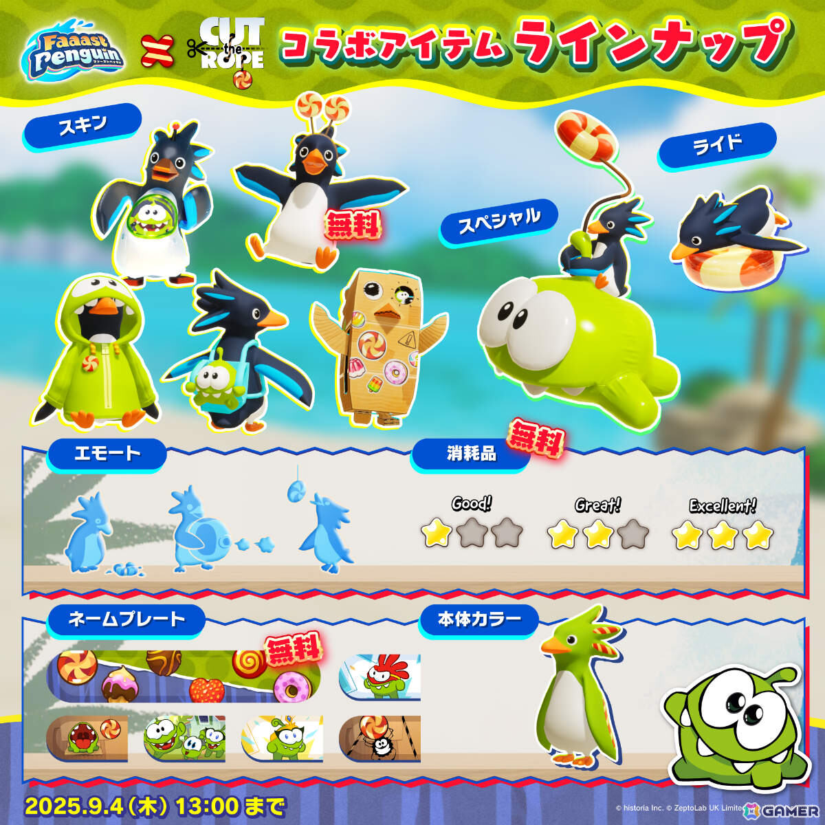 「Faaast Penguin」×「カット・ザ・ロープ」コラボの詳細が発表！オムノムのスキンやスペシャルなどが限定アイテムとしてショップに登場の画像