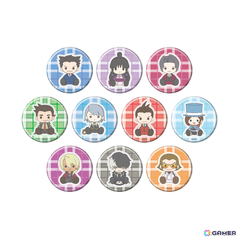 【逆転裁判】成歩堂龍一＆御剣怜侍＆王泥喜法介＆希月心音 缶バッジ ５個セット 逆転裁判」イラストレーター・えびも氏描き起こしによる成歩堂