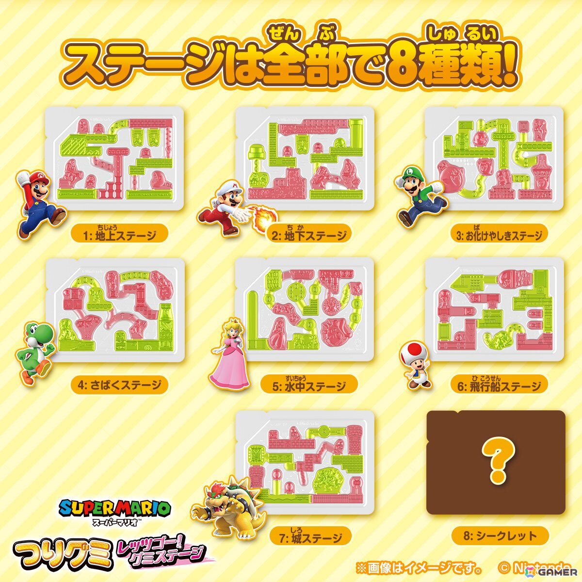 「スーパーマリオ」のステージがモチーフとなった「つりグミ スーパーマリオ レッツゴー！グミステージ」が9月29日に発売！ステージは全8種の画像