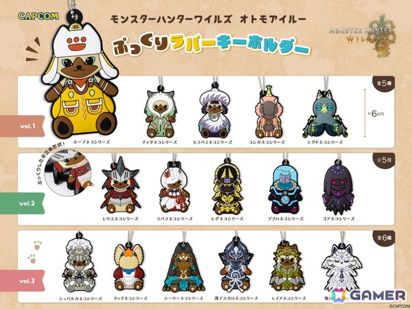 「モンスターハンターワイルズ」に登場するオトモアイルーのラバーキーホルダーが9月5日より順次発売！ホープネコ装備やププロネコ装備など全16種がラインアップの画像1
