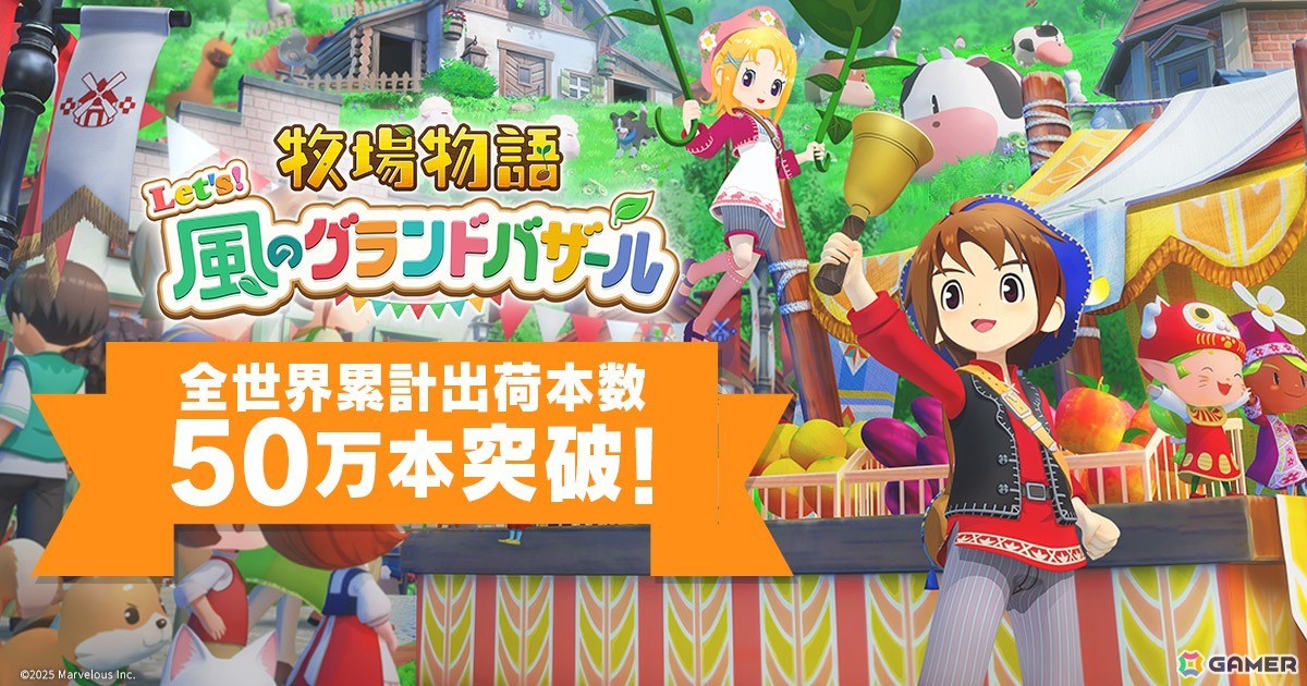 牧場物語 Let's！風のグランドバザール」の全世界累計出荷本数が50万本