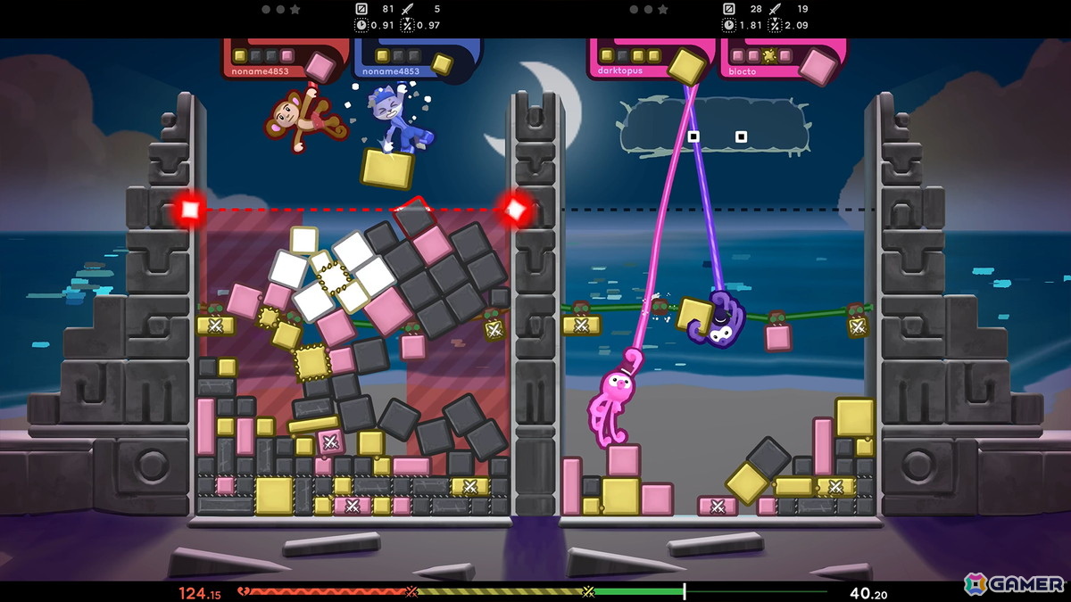 ブロックがラインに達しても自陣が赤色に変わりきるまでに消せれば復帰可能。