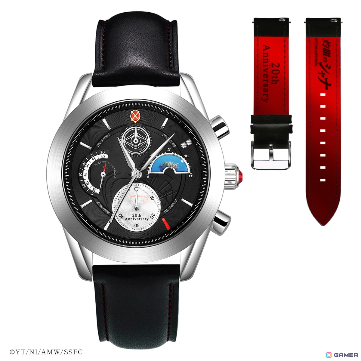 夜笠をイメージしたレザーバンドも付属。レザーバンドの表地は深みのあるブラック、裏地にはシャナを想起させるレッドと、20周年アニバーサリーの文字と公式ロゴを刻印。