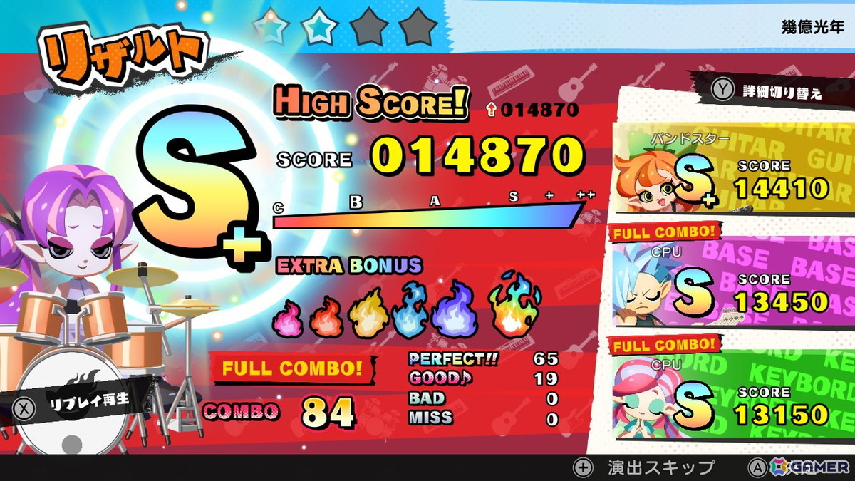 リザルト画面。リプレイデータを保存して、オンラインにアップロードも可能。