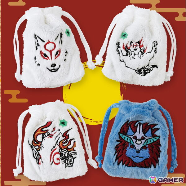 「大神」シリーズよりアマテラスとオキクルミの刺繍入りふわふわ巾着が登場！カプコンストアでは幸玉の飴が入ったもっふもっふな巾着バージョンもの画像1