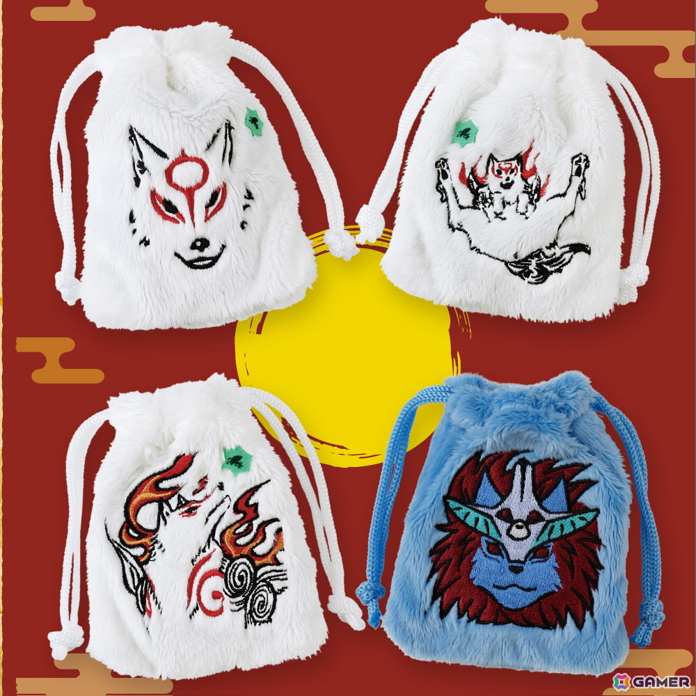 大神」シリーズよりアマテラスとオキクルミの刺繍入りふわふわ巾着が