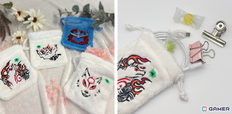 「大神」シリーズよりアマテラスとオキクルミの刺繍入りふわふわ巾着が登場!カプコンストアでは幸玉の飴が入ったもっふもっふな巾着バージョンもの画像