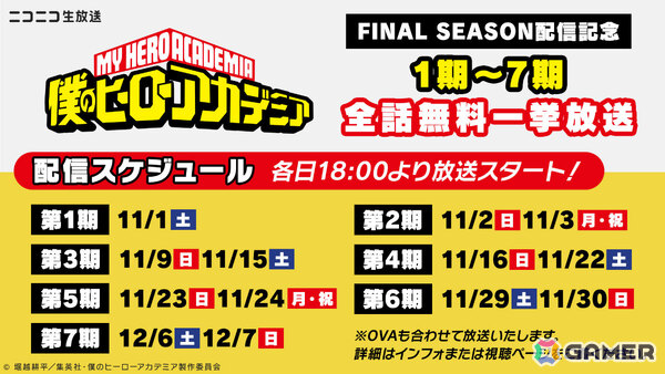 アニメ「僕のヒーローアカデミア」シリーズ全話を振り返る無料一挙放送企画がニコ生で始動！第1期から第7期＆OVAを11月1日より順次配信の画像2