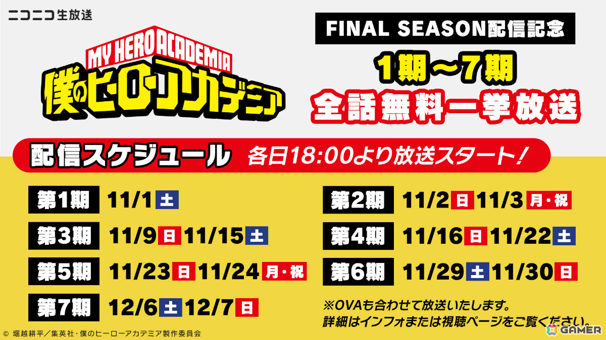 アニメ「僕のヒーローアカデミア」シリーズ全話を振り返る無料一挙放送企画がニコ生で始動！第1期から第7期＆OVAを11月1日より順次配信の画像