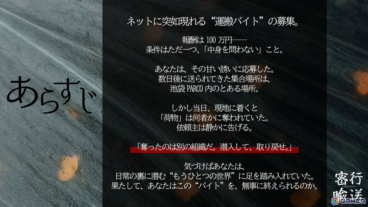 現実と虚構の境界が曖昧になる周遊型イマーシブサスペンス「密行喩送」が池袋PARCOにて11月15日より開催！の画像