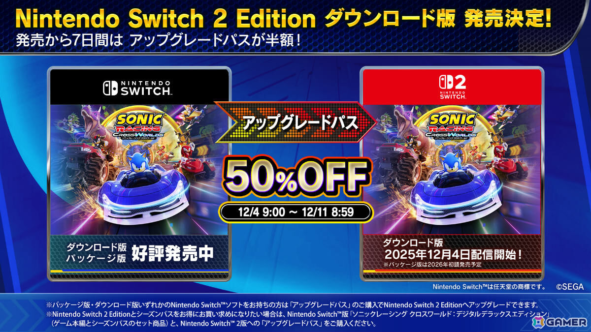 「ソニックレーシング クロスワールド Nintendo Switch 2 Edition」が12月4日に配信！Switch版よりも美麗なグラフィック、高フレームレートで楽しめるの画像