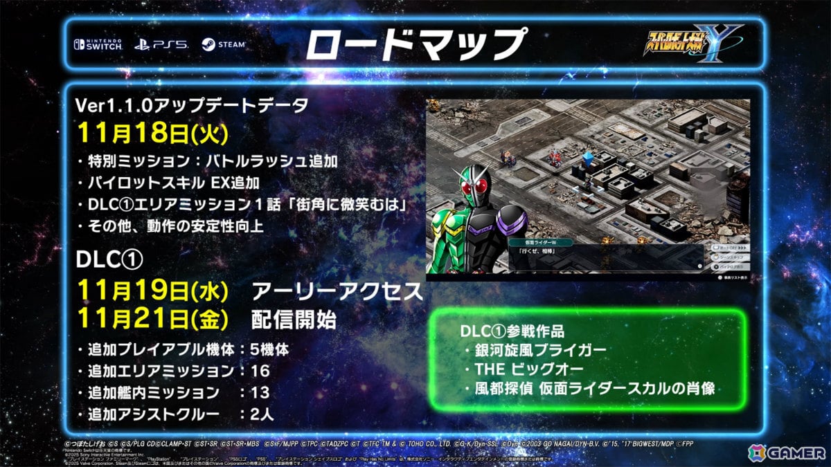 「スーパーロボット大戦Y」DLC1が11月21日に配信！「銀河旋風ブライガー」「THE ビッグオー」「風都探偵 仮面ライダースカルの肖像」を収録の画像