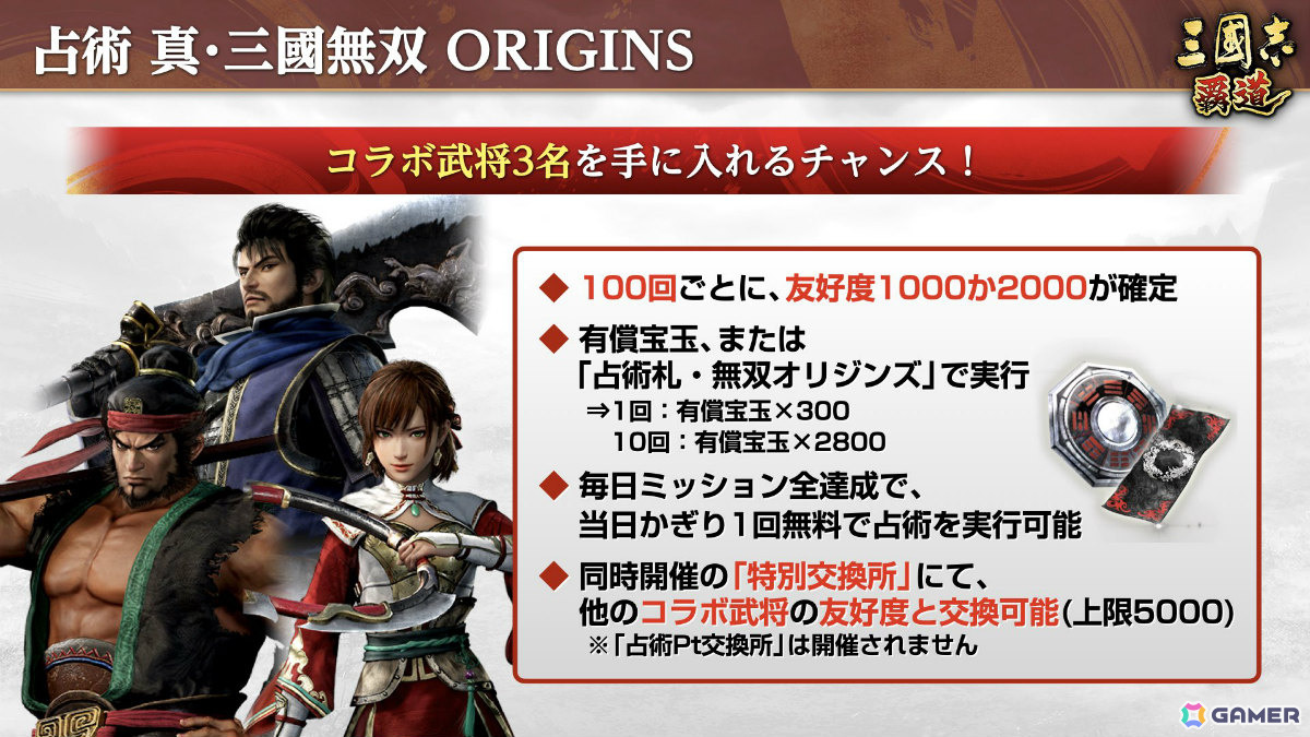 「三國志 覇道」×「真・三國無双 ORIGINS」のコラボが開催!張飛、孫尚香、夏侯惇がLR武将として参戦の画像