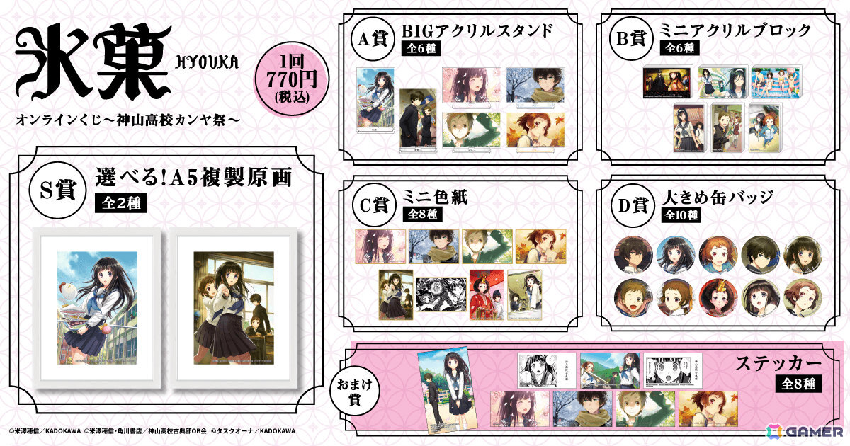 コミック「氷菓」オンラインくじが11月18日よりくじ引き堂で販売開始