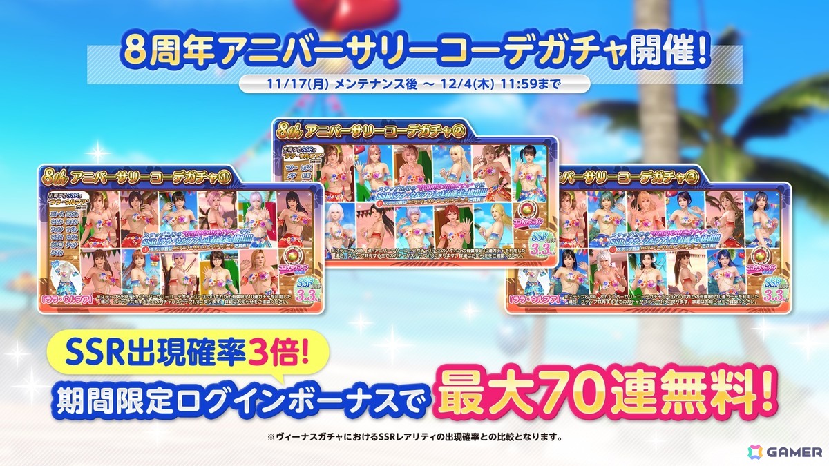 「DEAD OR ALIVE XVV」花びらが舞う南国風の8周年記念SSR水着「ララ・ウルプア」が登場！アニバーサリーコーデガチャ最大100連無料にの画像