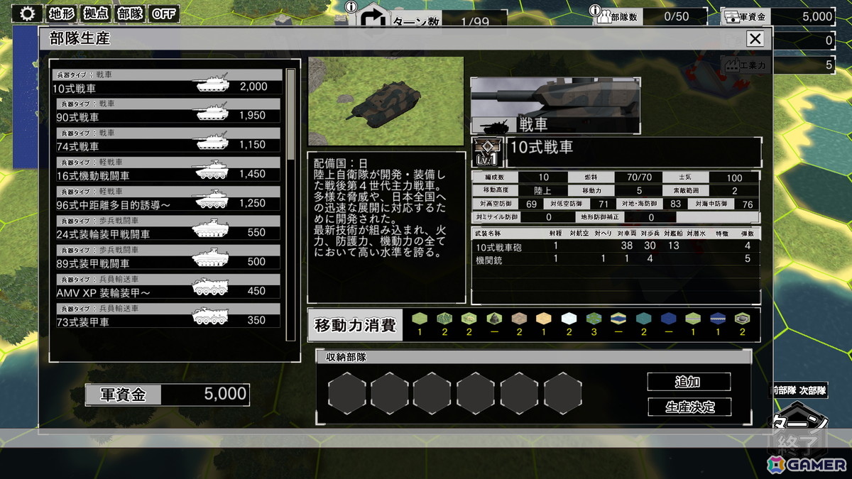 作戦時には、自軍拠点より兵器を生産