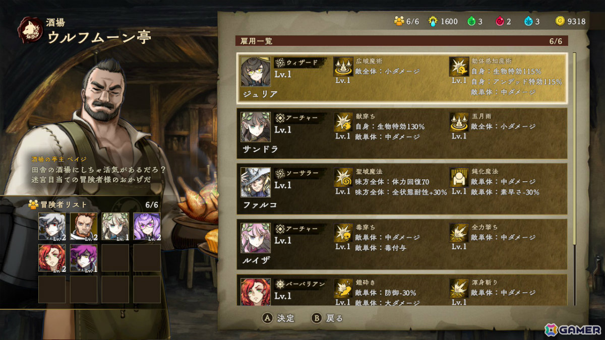 冒険者とはエコーズの街の酒場で出会うことができる。出会える冒険者は日々変化する。