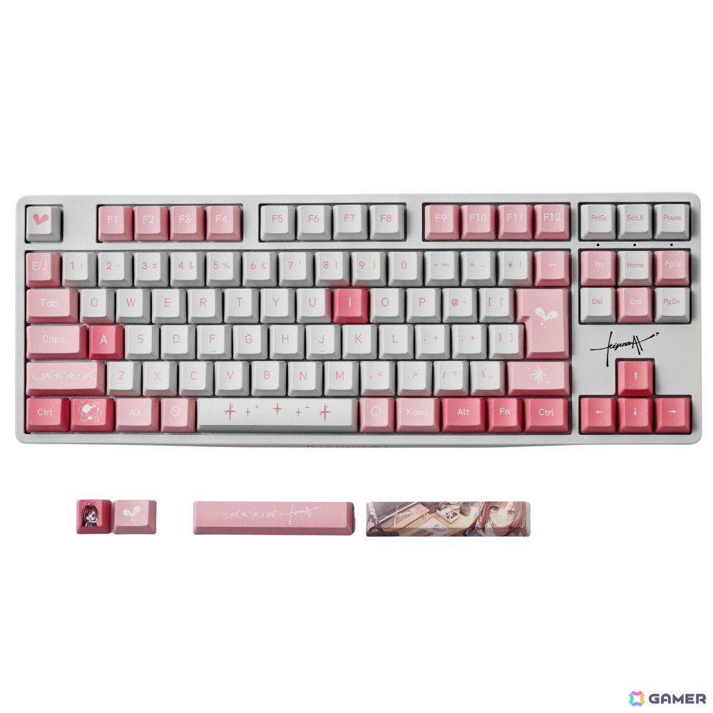 KizunaAIさんの世界観を表現した初のコラボゲーミングキーボードが予約受付開始！アイコンやモチーフを随所に配置し、“ピンク×ホワイト”を基調とした爽やかな配色にの画像