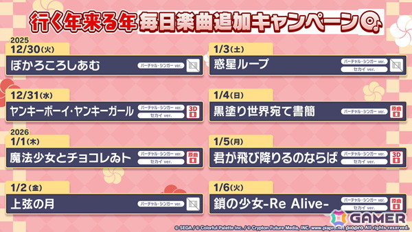 「プロセカ」で「行く年来る年毎日楽曲追加キャンペーン」がスタート！「惑星ループ」や「魔法少女とチョコレゐト」など全8曲が1月6日まで毎日1曲ずつ登場の画像