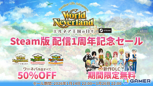 Steam版「ワールドネバーランド エルネア王国の日々」1周年を記念してシリーズ3作品が50％オフに！新規DLC「ふわふわタウンファー」の期間限定無料配布もの画像1