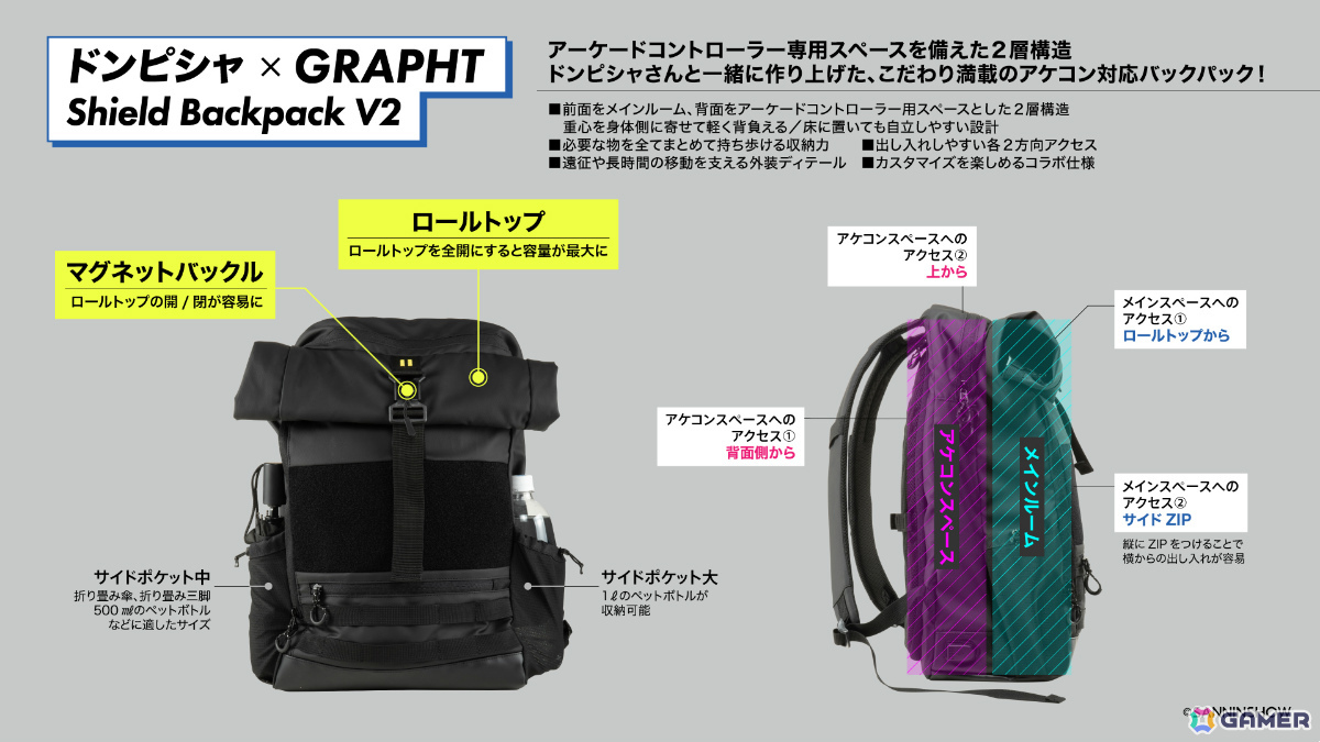 ドンピシャさんとGRAPHTの共同開発によるアケコン対応バックパック「Shield Backpack V2」のオンライン予約受付が開始！の画像