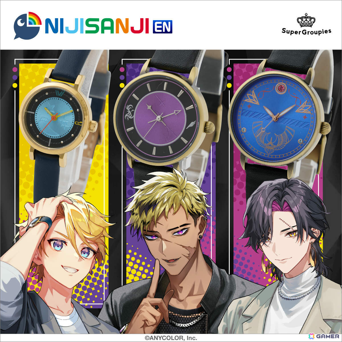 NIJISANJI EN所属ユニット・KrisisとSuperGroupiesのコラボグッズが登場！3人をモチーフにしたバッグや腕時計など全13種がラインナップの画像