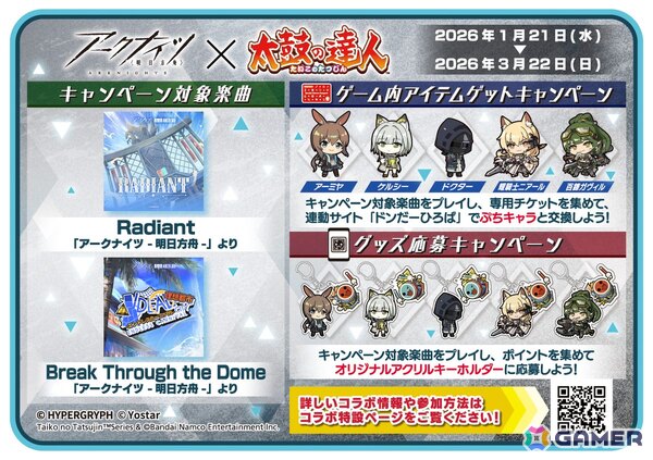 AC版「太鼓の達人」と「アークナイツ」のコラボキャンペーンが開催！「Radiant」と「Break Through the Dome」をプレイしてコラボぷちキャラと交換可能の画像1