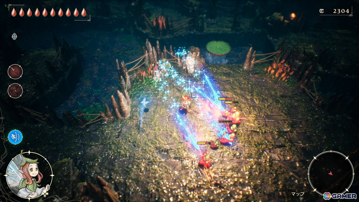 槍を振った後の数秒間、装備しているもう一つの武器が強化されるユニークな魔石も多い。いろんな武器との相性を試してみよう。