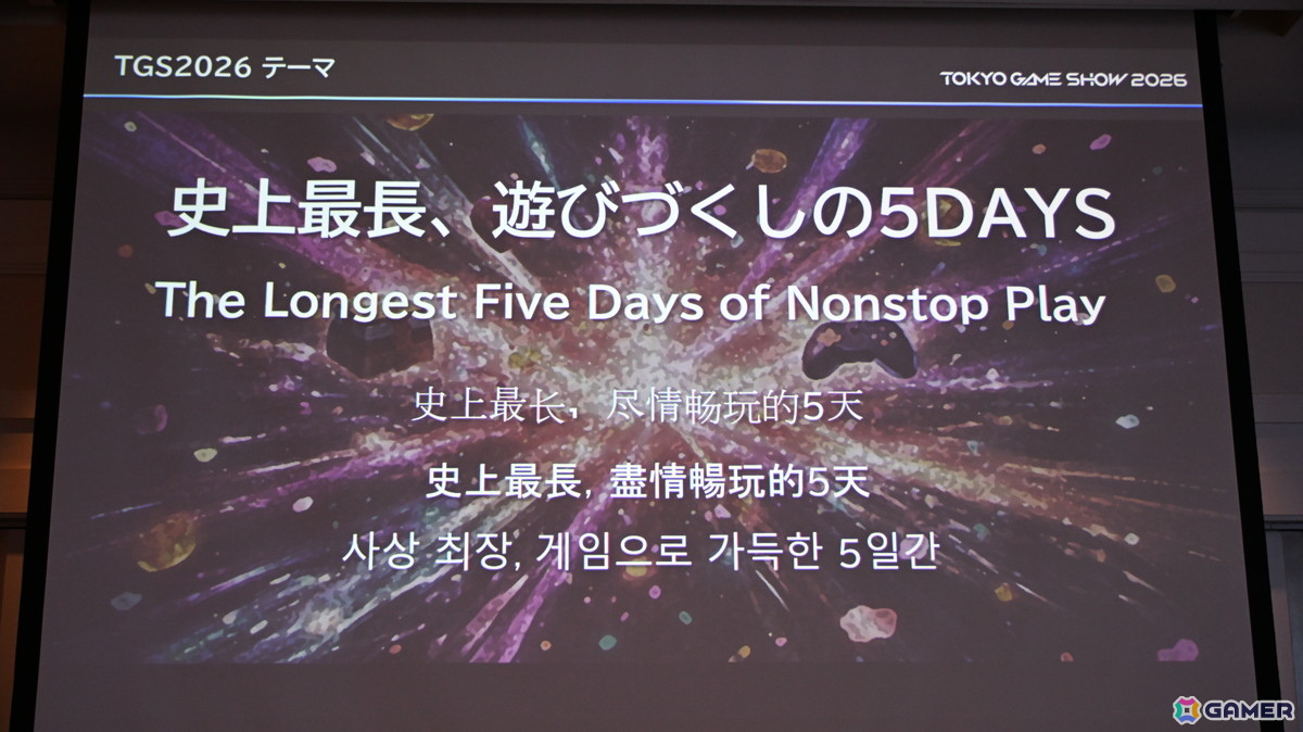 「TGS2026」5日間開催、ファミリーゲームパークの移設、セサザウルスお披露目などのトピックが並んだ開催発表会をレポートの画像