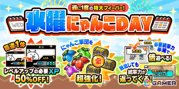 「にゃんこ大戦争」週に1度の特大フィーバー「水曜にゃんこDAY」が開催！にゃんこ軍団を超強化できるイベントが盛りだくさんの画像1