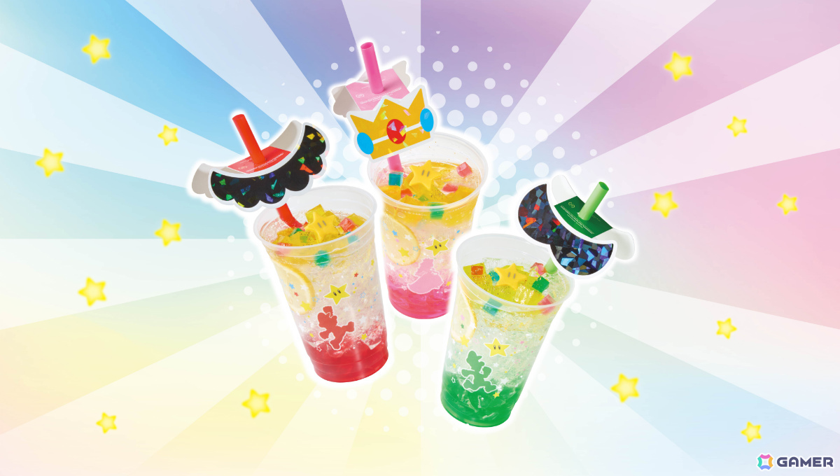 （左）パワーアップ！ マリオのストロベリーソーダ、（中央）パワーアップ！ ピーチ姫のピーチソーダ、（右）パワーアップ！ ルイージのマスカットソーダ