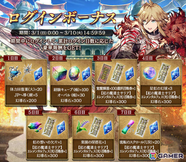 「FFBE幻影戦争」URユニット「紅の魔道士サリア」（CV：高橋李依）が参戦！エレメンタルフェス（光）召喚券や最大2,000個の幻導石などがもらえるログボもの画像5