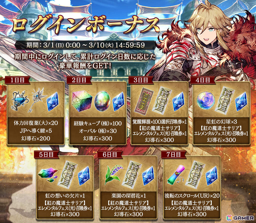 「FFBE幻影戦争」URユニット「紅の魔道士サリア」（CV：高橋李依）が参戦！エレメンタルフェス（光）召喚券や最大2,000個の幻導石などがもらえるログボもの画像