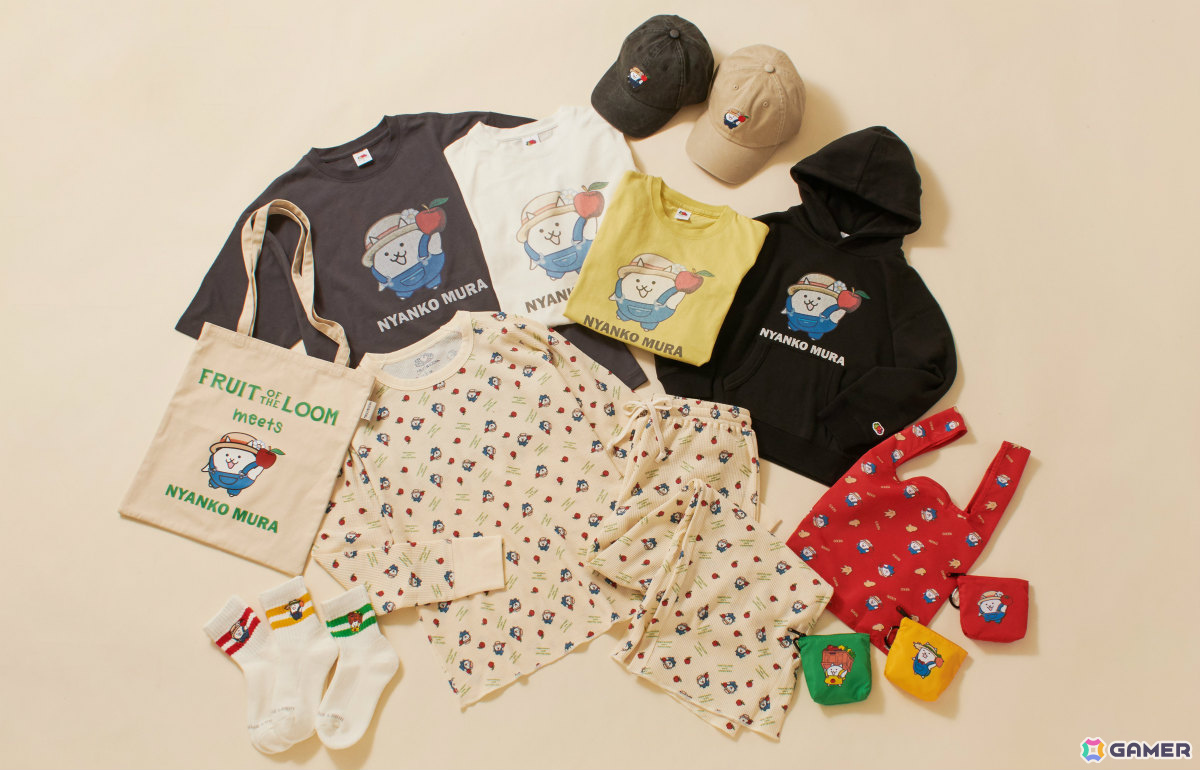 「パズルで豊作！にゃんこ村」×FRUIT OF THE LOOMのコラボアイテムが発売！にゃんこたちがフルーツや野菜を手にしたアートワークで登場の画像1