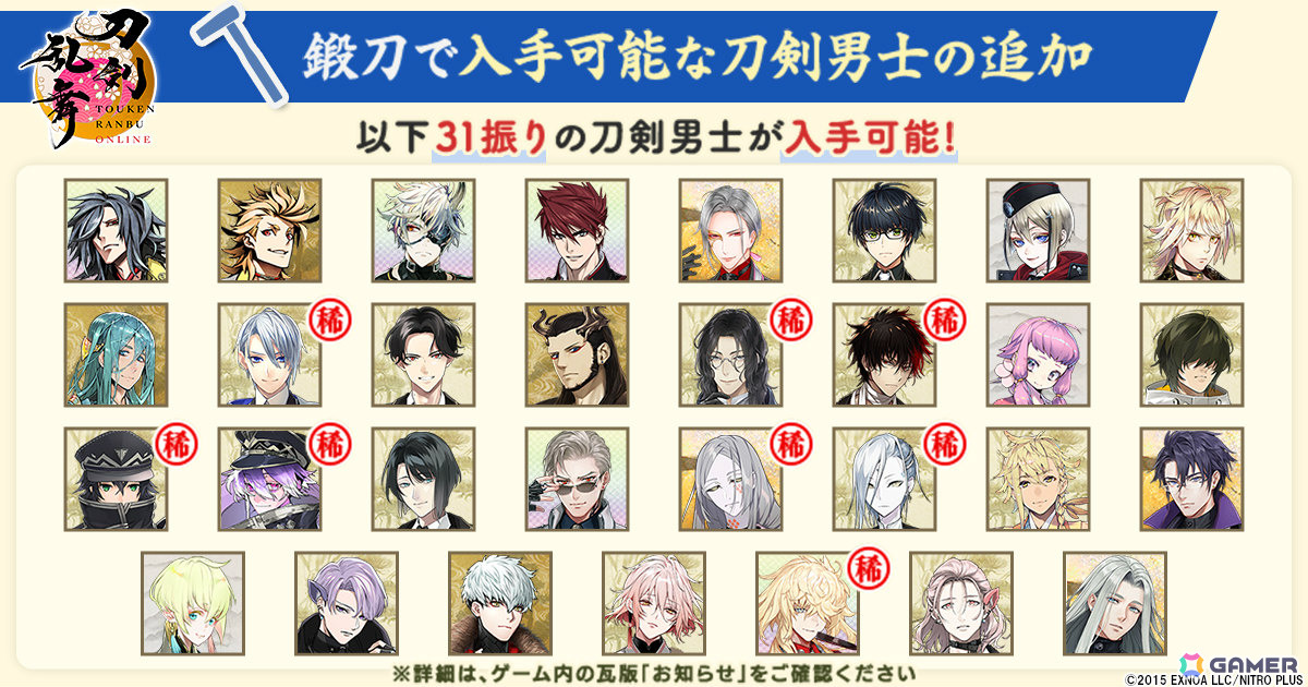 「刀剣乱舞ONLINE」鍛刀で入手可能な刀剣男士が31振り追加！御伴散歩には着せ替え機能が実装の画像