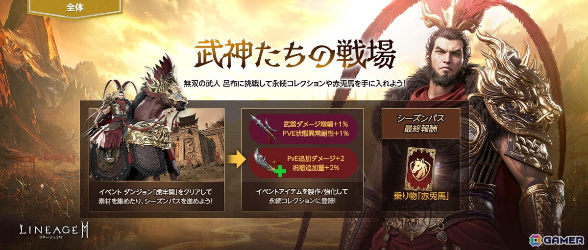 イベントダンジョン「虎牢関」で関羽に変身し呂布と対峙する様子