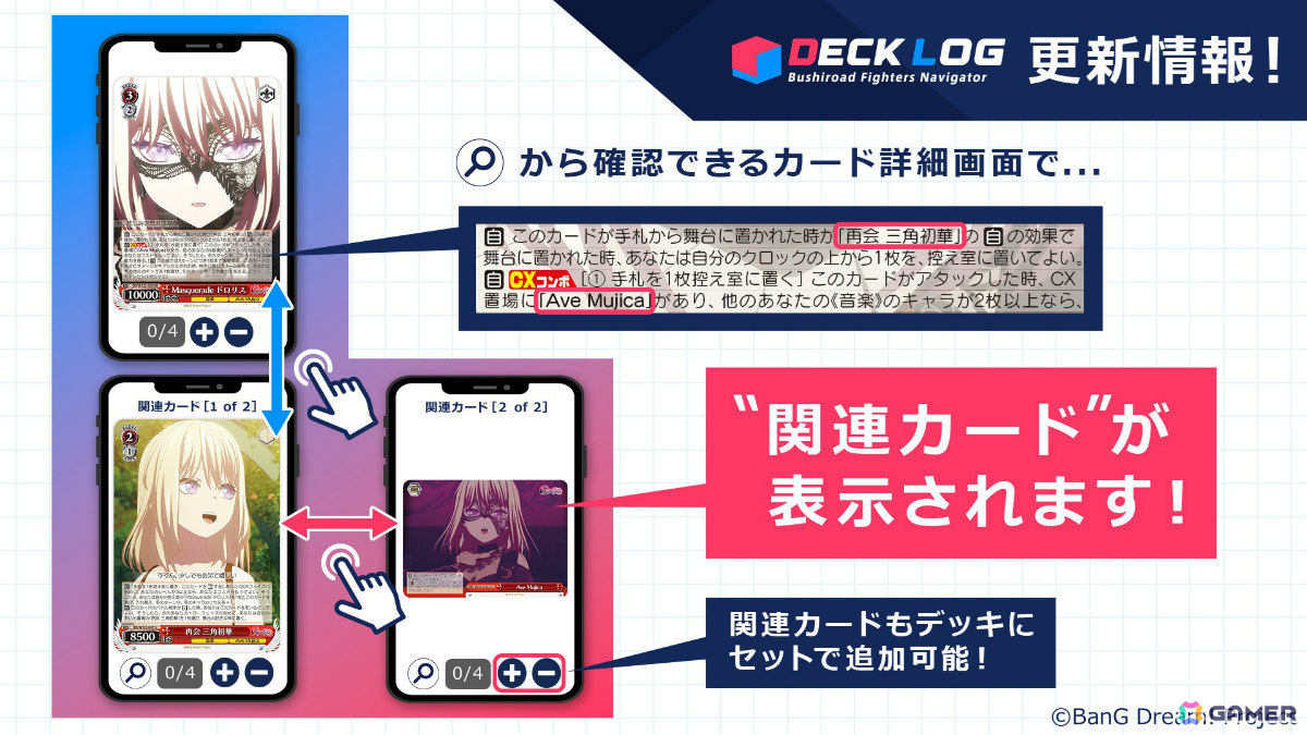 デッキログの新機能「関連カード表示」の画面イメージ