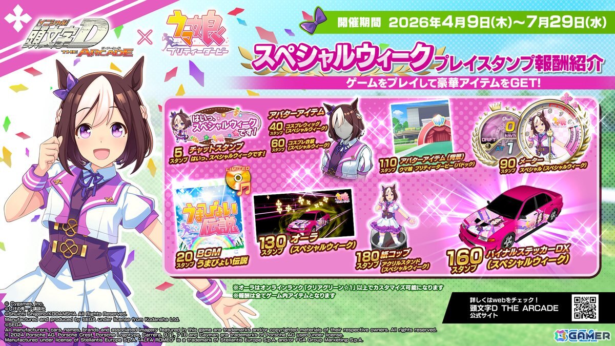 「頭文字D THE ARCADE」スペシャルウィーク、サイレンススズカ、トウカイテイオーがモチーフのアイテムが登場！「ウマ娘 プリティーダービー」コラボが4月9日より開催の画像