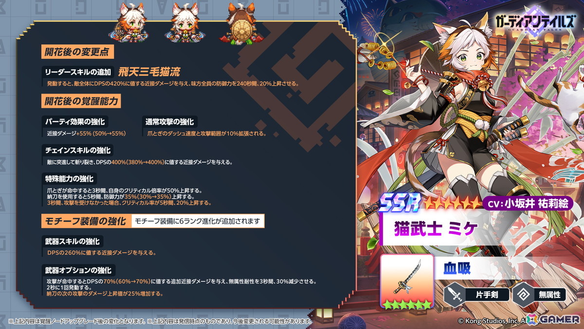 「ガーディアンテイルズ」で猫武士 ミケ（CV：小坂井祐莉絵）の開花が開放！協力遠征隊新ステージ「名もなき者 裏」も追加の画像